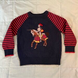 Navy Sweater with Red Striped Sleeves and Knight Design